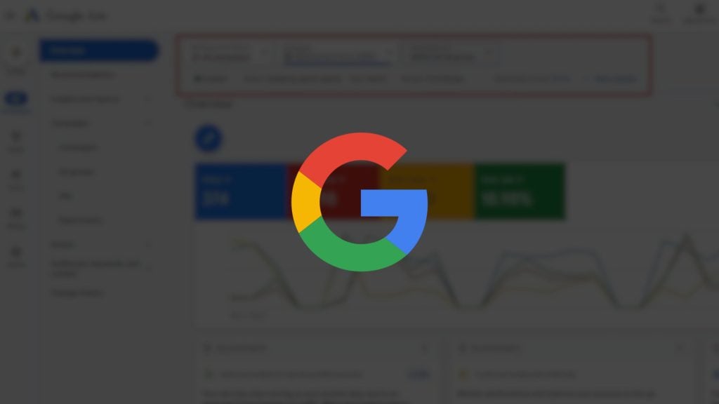 The Google logo in front of a blurred webpage showing analytics data with charts, graphs, and metrics in blue, red, yellow, and green blocks.