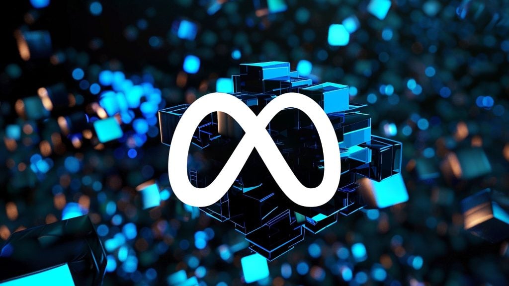 White Meta infinity logo centered over a glowing blue and black digital cube with a blurred background of floating blue cubes and lights.
