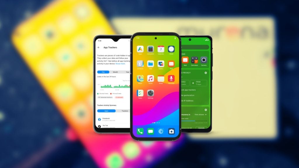 Three smartphones displaying different app screens: the left phone shows an app trackers summary with graphs and details, the center phone shows a colorful home screen with app icons, and the right phone shows a green privacy app screen with options and settings.