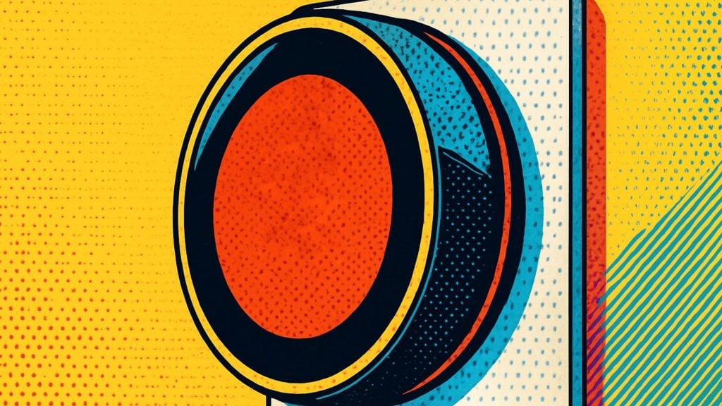Pop art style illustration of a large round button with a red center and black and yellow rings, set against a yellow and blue polka-dotted background.