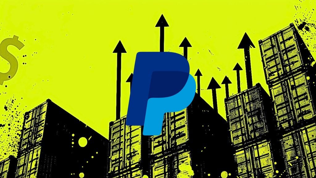 PayPal logo overlaying a stylized cityscape with upward-pointing black arrows on a bright yellow background, symbolizing financial growth and success.