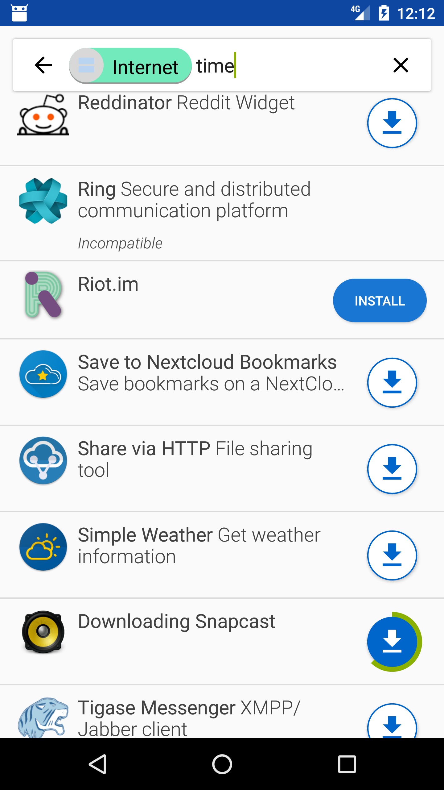 Mobile app store search results for "Internet time" showing various apps including Reddit widget, Ring communication platform marked incompatible, Riot.im with install button, Nextcloud Bookmarks, HTTP file sharing tool, Simple Weather, Snapcast downloading progress, and Tigase Messenger XMPP/Jabber client.