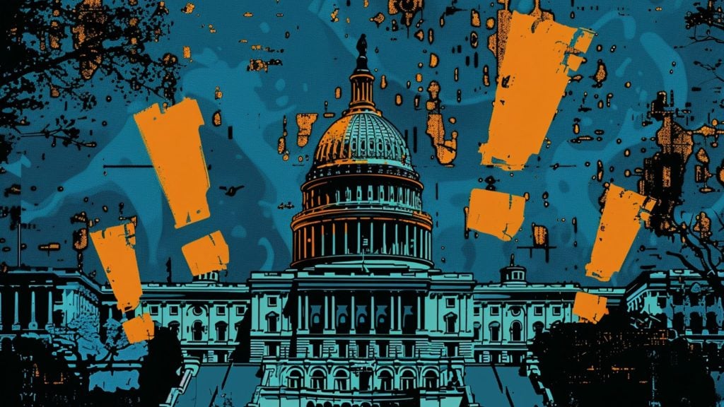 Stylized illustration of the US Capitol building in teal and black with large orange exclamation marks surrounding it against a dark blue background.