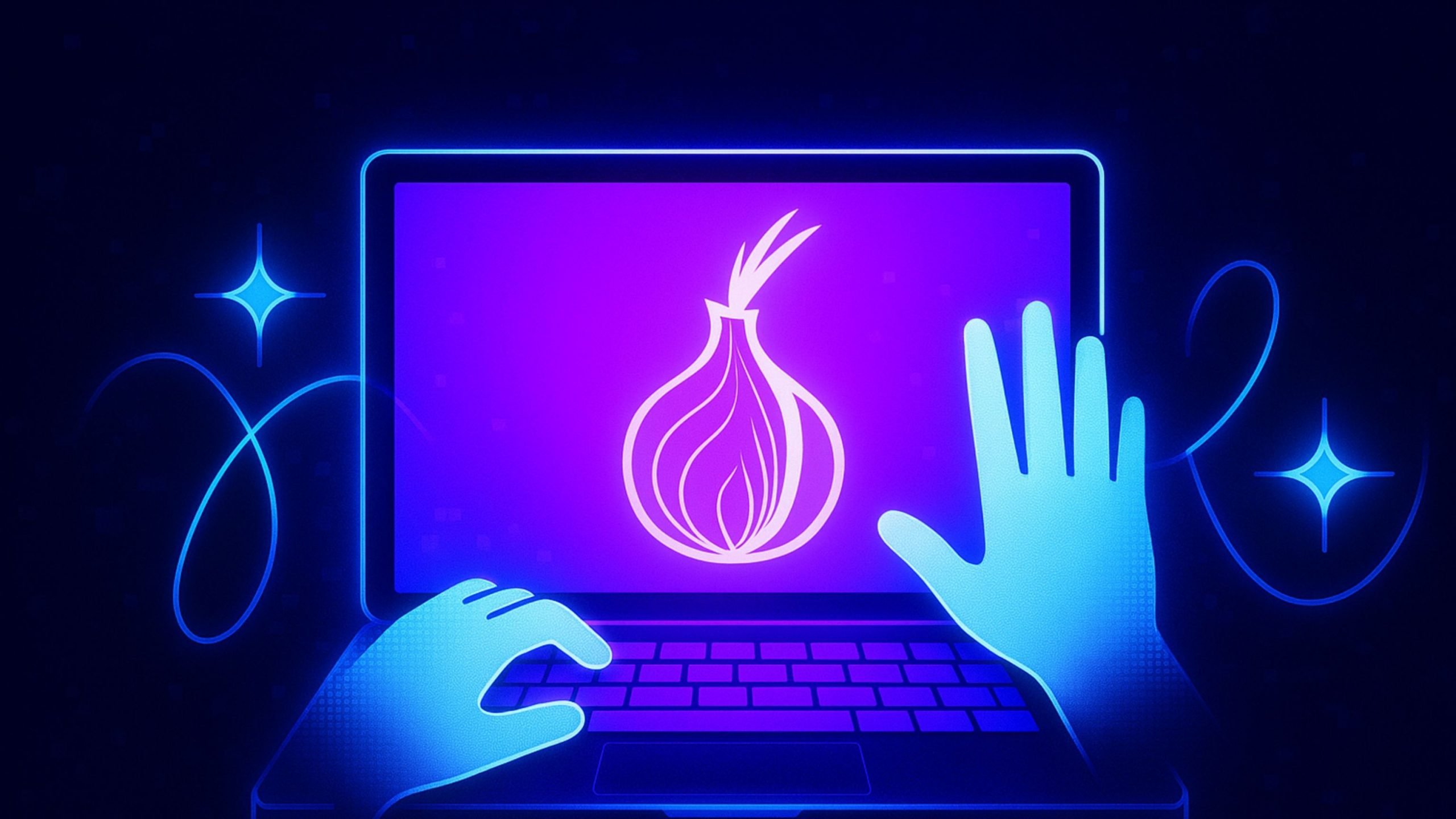Illustration of a laptop with a glowing onion symbol on the screen, surrounded by surreal elements and two hands typing on the keyboard, set against a dark background.