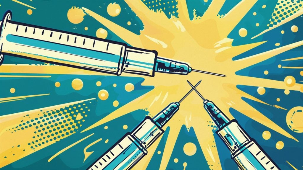 Illustration of three syringe needles converging at the center against a vibrant background with yellow bursts and blue-green patterns.