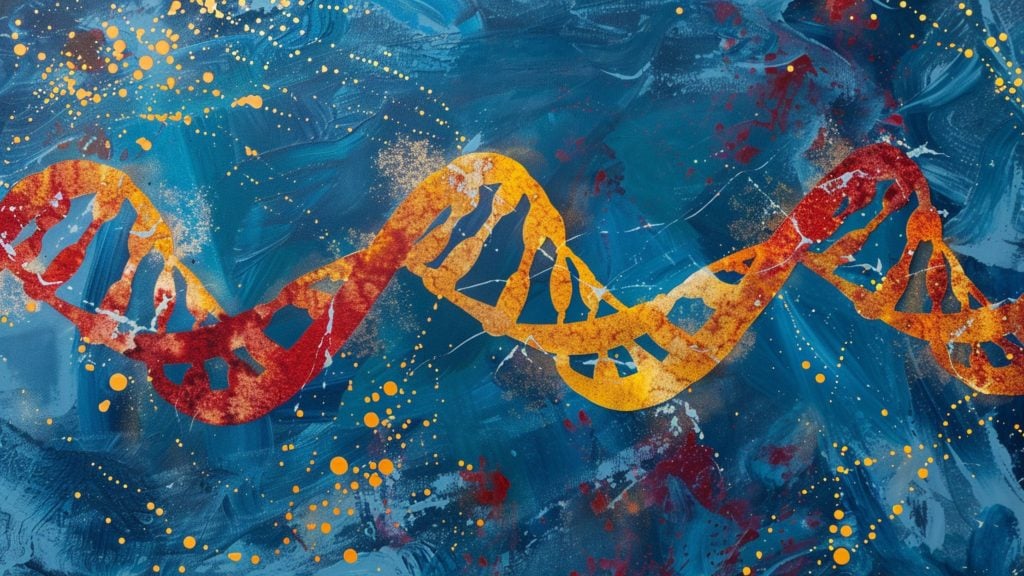 Abstract artistic representation of a DNA double helix in red and orange hues against a textured blue background with scattered yellow dots and splatters.
