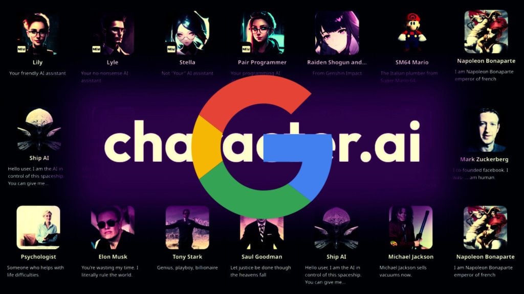 Character.ai interface showing multiple AI personalities including Lily, Lyle, Stella, Pair Programmer, Raiden Shogun, SM64 Mario, Napoleon Bonaparte, Ship AI, Mark Zuckerberg, Psychologist, Elon Musk, Tony Stark, Saul Goodman, and Michael Jackson, with a large Google logo overlaid in the center.