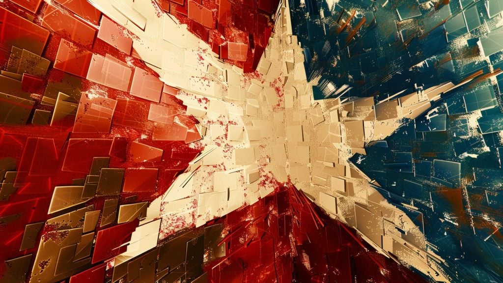 Abstract close-up of a shattered surface forming a star shape with red, beige, and dark blue shards scattered around.