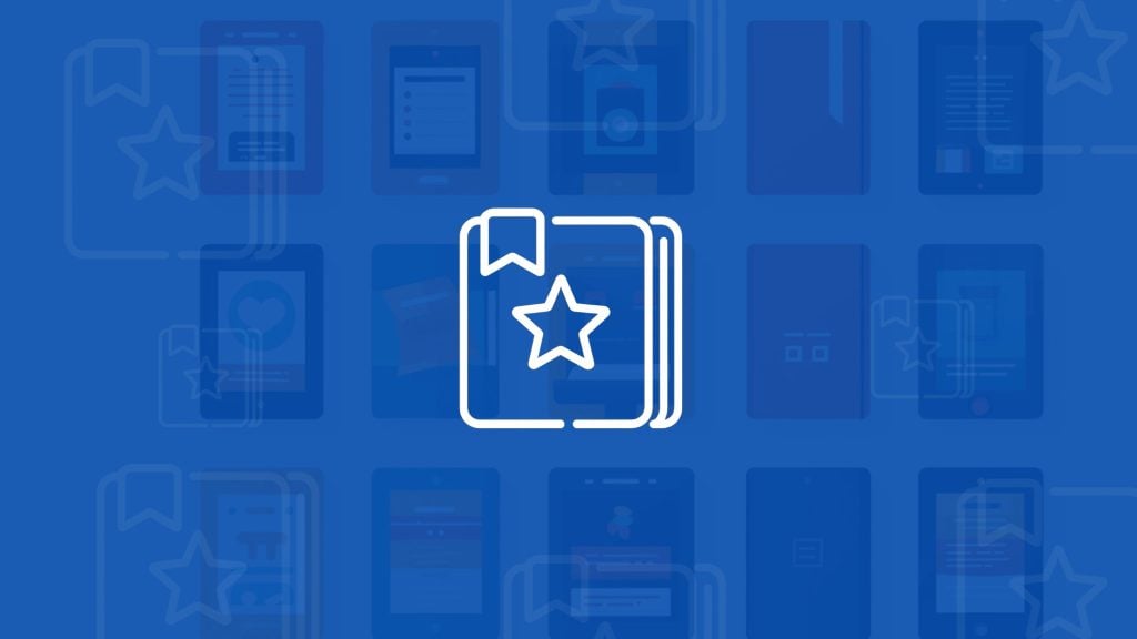 White outline of a book with a bookmark and a star on its cover centered on a blue background with faint book and device icons.