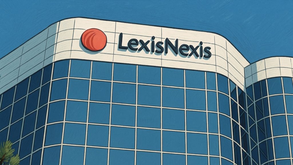 Modern glass office building with a curved corner and a LexisNexis logo featuring a red circular emblem and black text on a white panel against a clear blue sky.