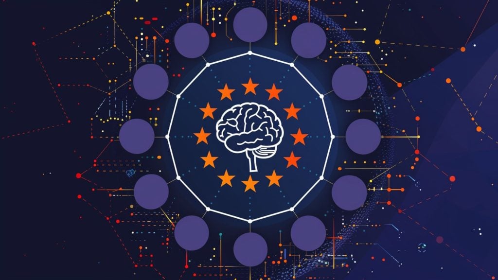 Illustration of a brain symbol surrounded by twelve orange stars arranged in a circle, enclosed within a white polygonal ring connected to twelve purple circles, set against a dark background with scattered colorful dots and circuit-like lines.