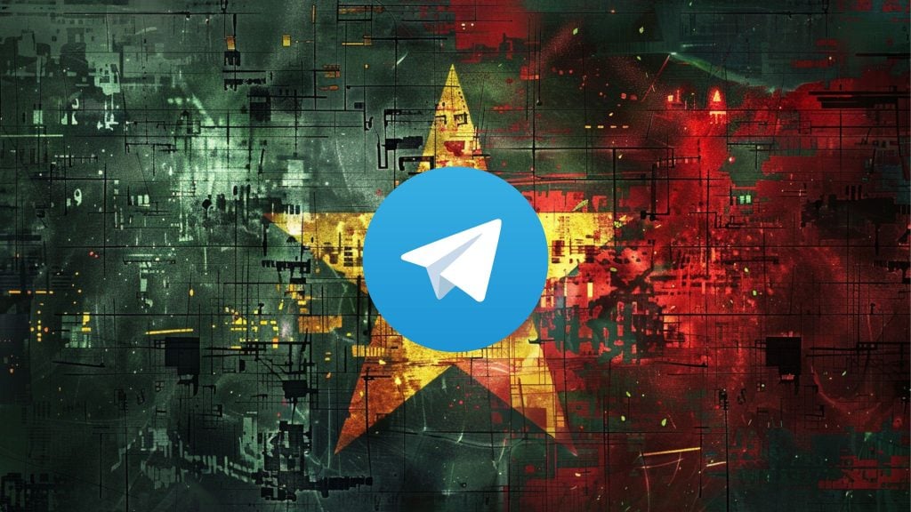 Telegram logo with a white paper plane inside a blue circle superimposed over a textured background featuring the green and red colors and the yellow star of the Pakistani flag.