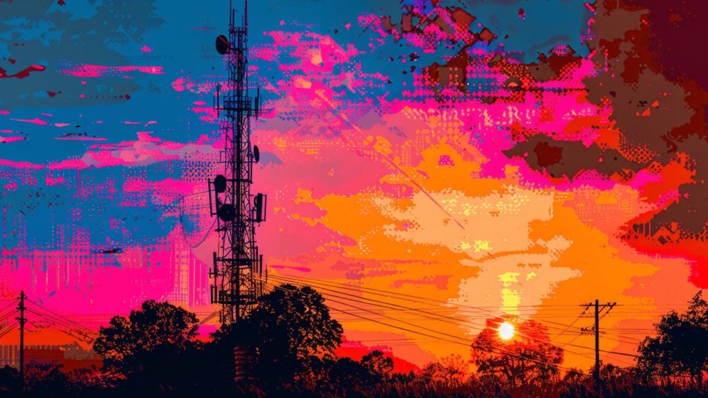 Silhouette of a communication tower and trees against a vibrant sunset sky with abstract pixelated patterns in blue, pink, orange, and red hues.