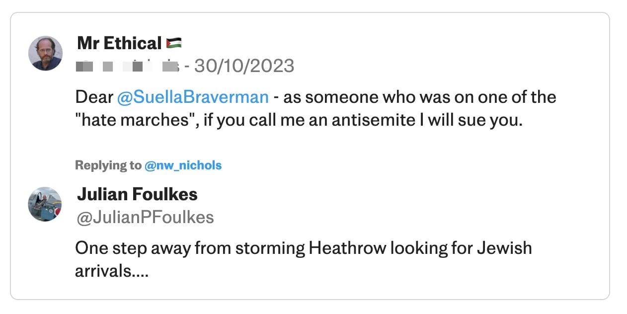 A social media post exchange where Mr Ethical responds to Suella Braverman saying if called an antisemite he will sue, followed by Julian Foulkes commenting about storming Heathrow looking for Jewish arrivals.
