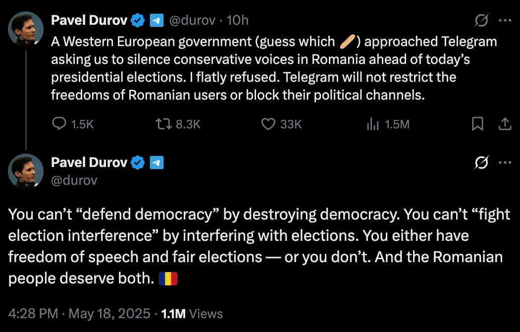 Two tweets from Pavel Durov discussing a Western European government requesting Telegram to silence conservative voices in Romania ahead of presidential elections, which he refused, emphasizing the importance of freedom of speech and fair elections for the Romanian people, accompanied by a Romanian flag emoji, posted on May 18, 2025.