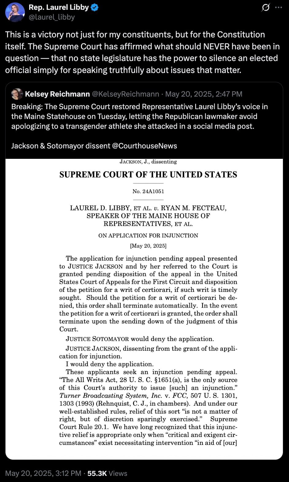 A Twitter post by Rep. Laurel Libby celebrating a Supreme Court decision affirming that no state legislature can silence an elected official for speaking truthfully, including a retweet from Kelsey Reichmann about the court restoring Libby's voice and avoiding an apology to a transgender athlete, accompanied by an image of the Supreme Court document regarding Libby's case with dissenting opinions from Justices Jackson and Sotomayor.