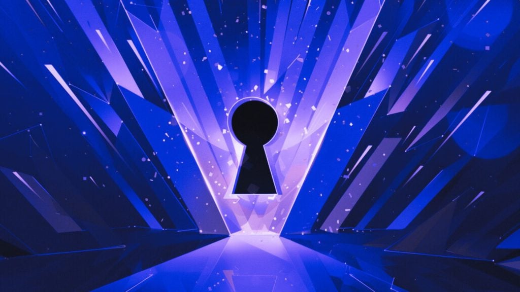 Glowing black keyhole shape surrounded by vibrant blue and purple radiant beams and particles in an abstract futuristic setting