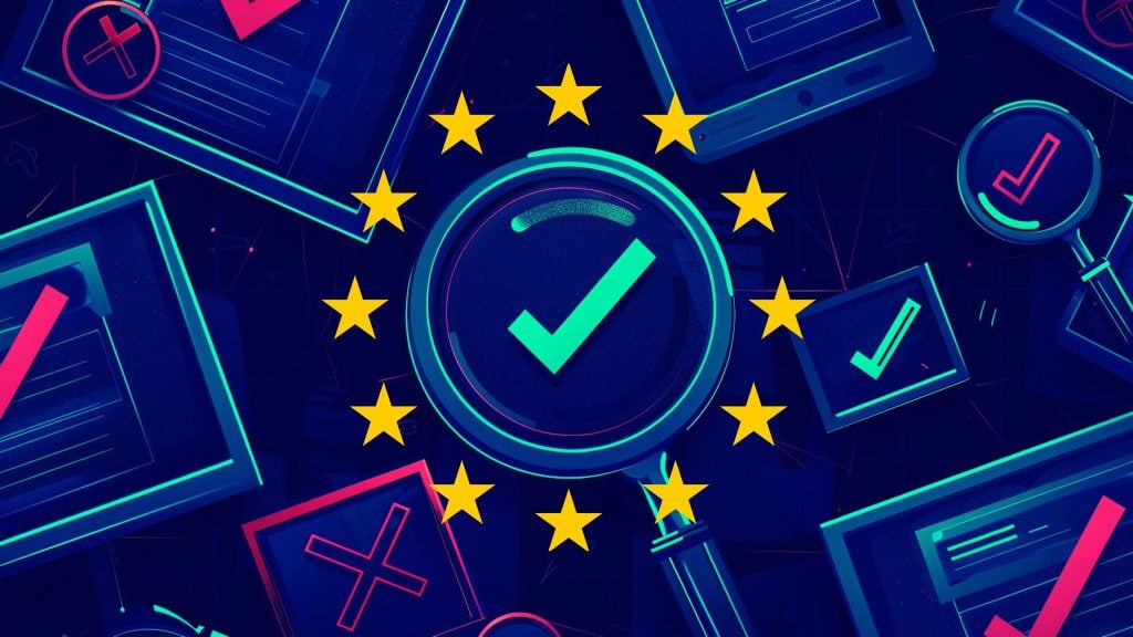 Illustration of a magnifying glass with a green checkmark surrounded by yellow stars representing the European Union, with various checklist and document icons, some marked with red crosses and others with green checkmarks, on a dark blue background.