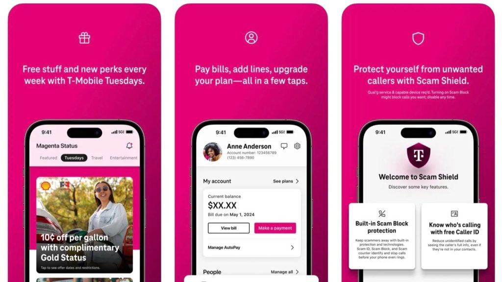 Three smartphones displaying T-Mobile app features on a magenta background, highlighting T-Mobile Tuesdays discounts, account management options, and Scam Shield protection with caller ID and scam block features.