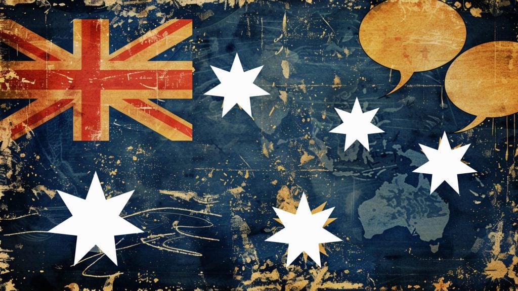 Grungy, artistic rendition of the Australian flag with a distressed texture, large white seven-pointed stars, and two empty speech bubbles in the upper right corner against a dark blue background.