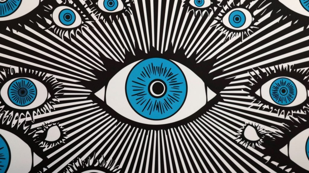 Abstract pattern of multiple stylized eyes with bright blue irises and radiating black and white lines creating a hypnotic effect.