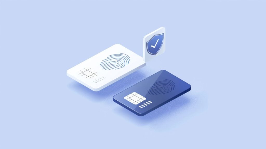 Two digital cards, one white and one dark blue, each displaying a fingerprint pattern and a chip, with a shield icon showing a checkmark floating above the white card, symbolizing biometric security and authentication on a light blue background.