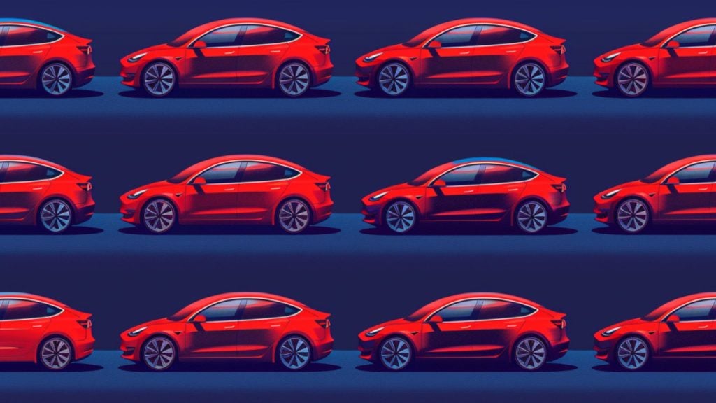 Pattern of multiple red electric cars with sleek design and dark rims on a dark blue background, arranged in rows.