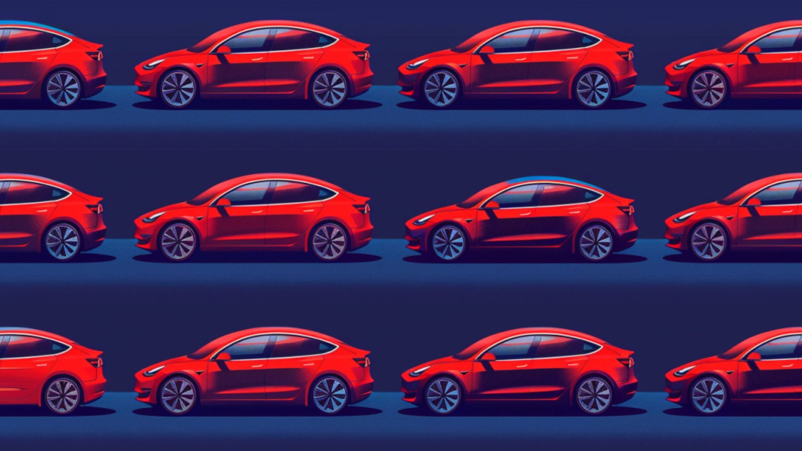 Pattern of multiple red electric cars with sleek design and dark rims on a dark blue background, arranged in rows.