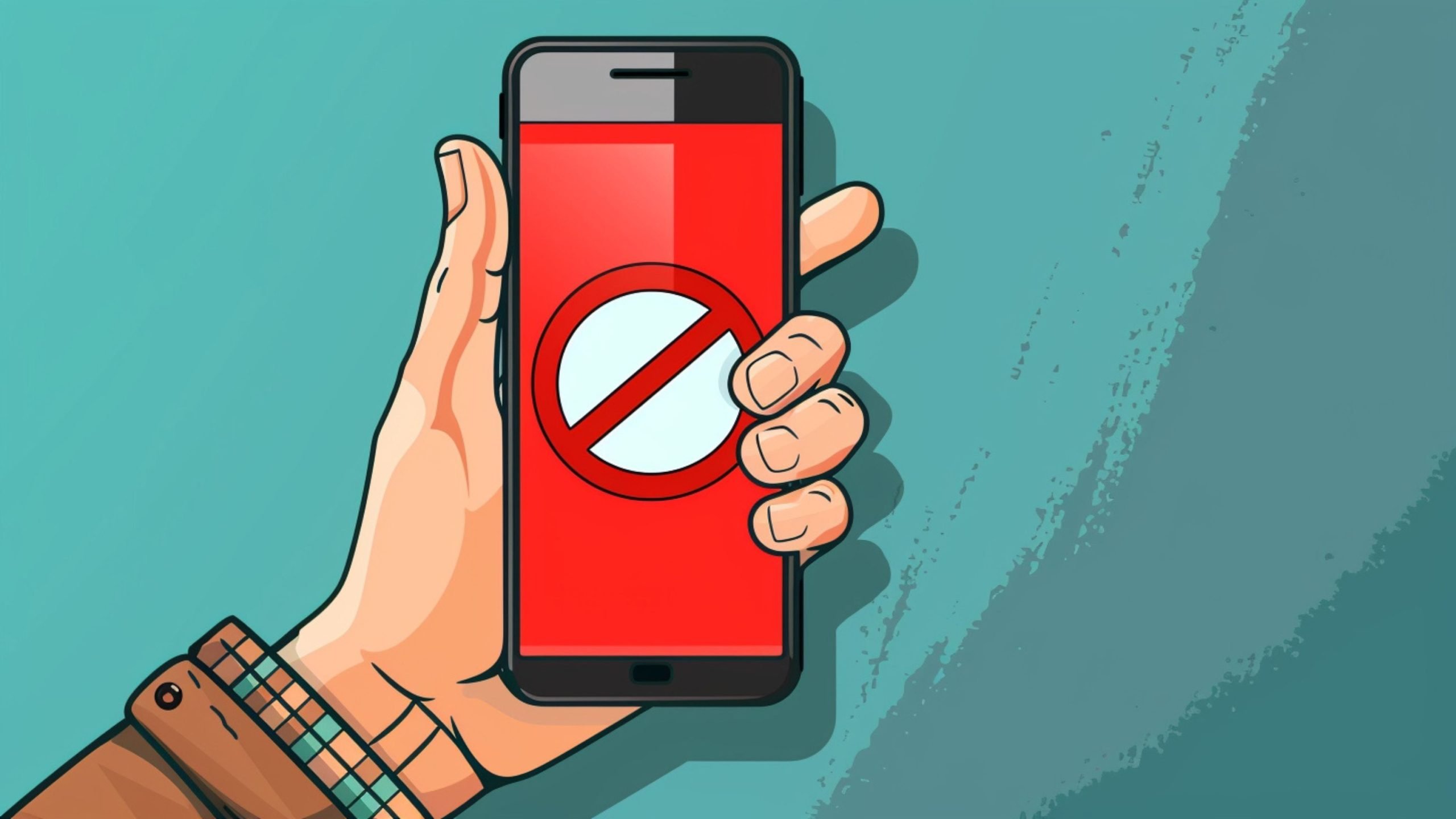 Illustration of a hand holding a smartphone displaying a red screen with a white circle and a red prohibition symbol in the center against a teal background.