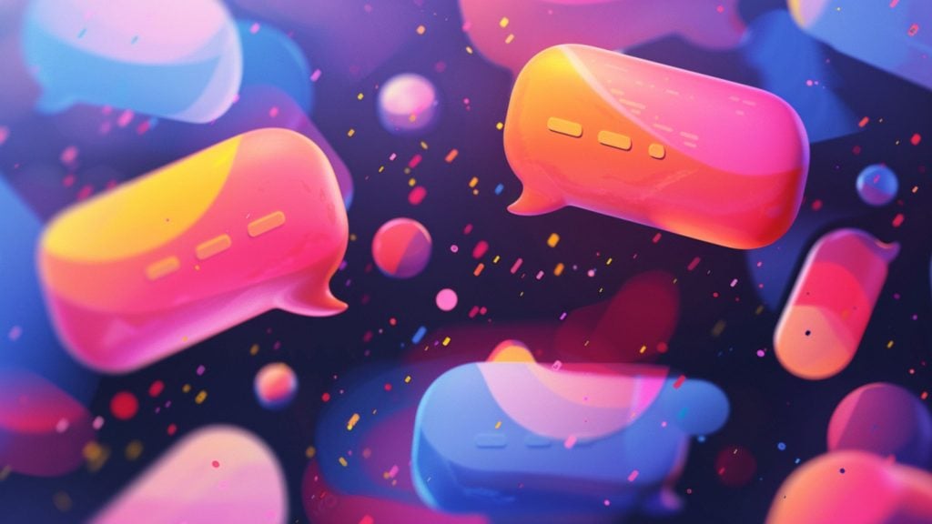 Colorful 3D speech bubbles in pink, orange, yellow, and blue floating against a dark purple background with scattered small glowing particles and round shapes.