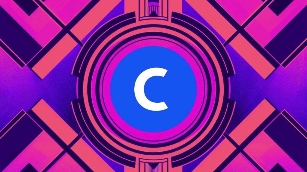 Abstract geometric design with a large blue circle containing a white letter C at the center, surrounded by concentric pink and purple shapes and angular patterns on a purple background.