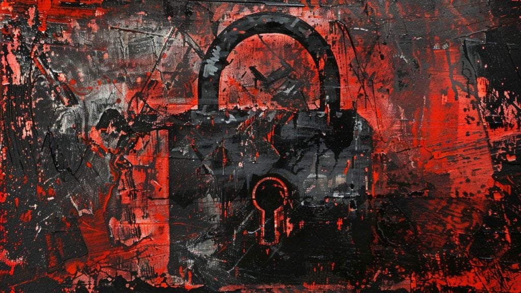 Abstract artwork featuring a large black padlock shape against a textured red and black splattered background with drips and scattered paint marks.