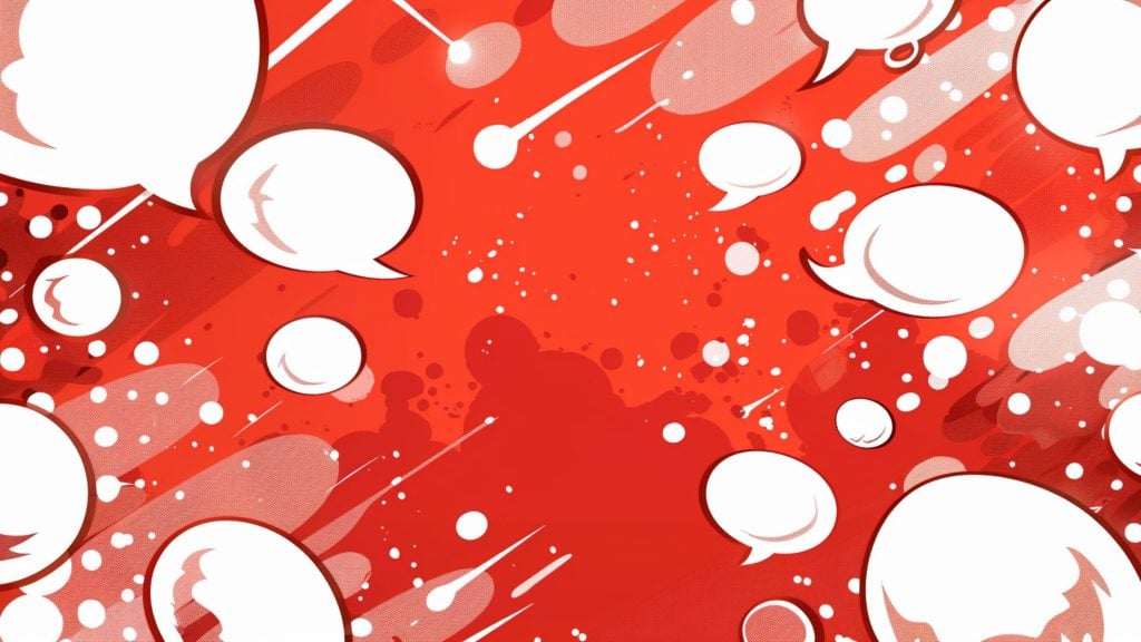 Red comic book style background with white blank speech bubbles and various white dots and streaks scattered throughout