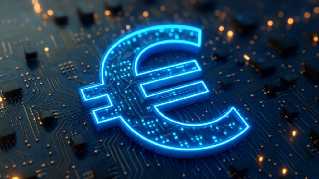 Glowing blue Euro currency symbol integrated with a dark electronic circuit board featuring subtle orange lights and components.