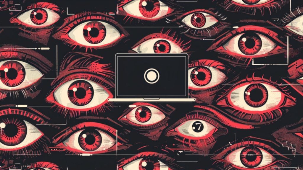 Illustration of numerous red and white stylized eyes surrounding a central laptop screen with a circular symbol, set against a dark background, evoking themes of surveillance or observation.