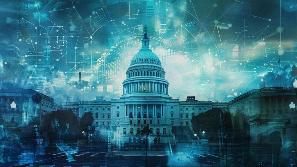 The United States Capitol building at night overlaid with abstract digital network graphics and a blue-toned futuristic effect.