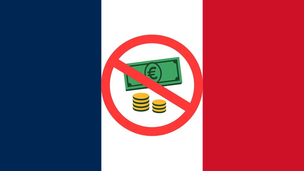 French flag with a no money symbol featuring a green banknote with a euro sign and stacks of coins crossed out by a red prohibition circle.