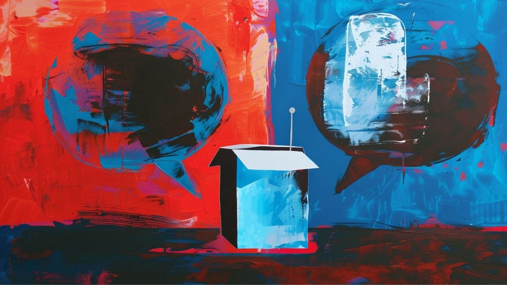 Abstract painting with a small box-shaped house in the center, painted in shades of blue and white, against a vivid red and blue background featuring two large speech bubbles with textured black and blue patterns.