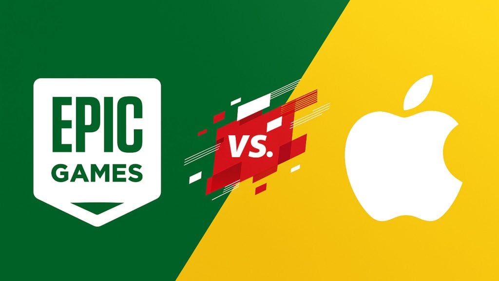 Epic Games logo on a green background facing off against the Apple logo on a yellow background with a red 'vs.' symbol in the middle