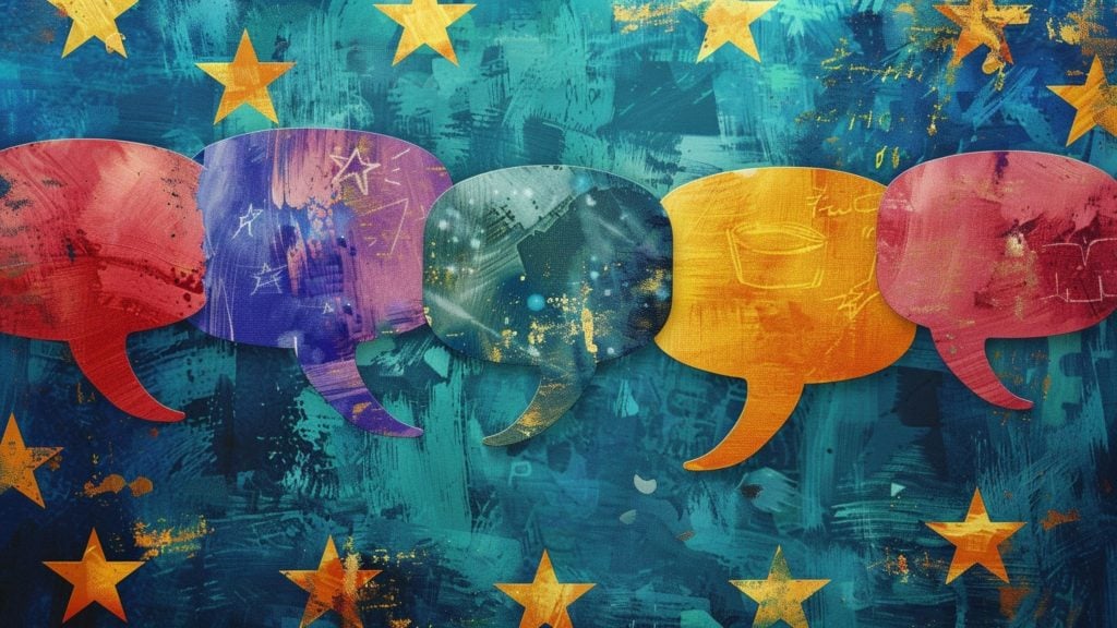 Colorful speech bubbles in red, purple, teal, yellow, and pink with artistic textures against a blue background scattered with yellow stars.