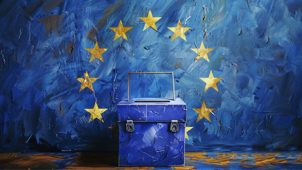 Blue ballot box with metal clasps in front of a textured blue background featuring a circle of yellow stars representing the European Union flag.