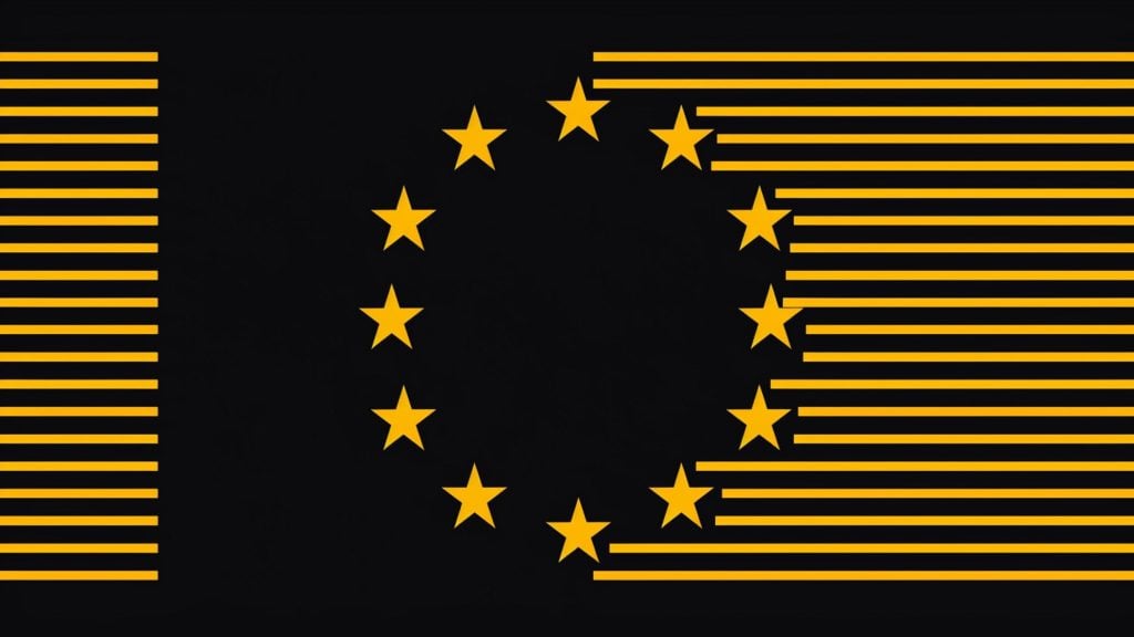 Yellow stars arranged in a circle with yellow horizontal lines extending from the right and left sides on a black background, resembling a stylized European Union flag with a graphic effect.