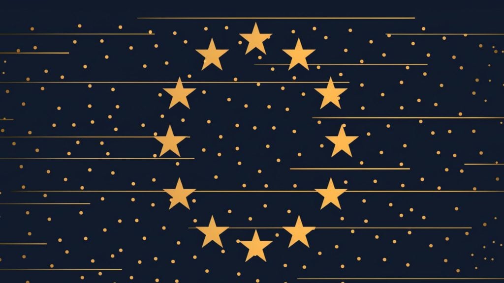 Dark background with a circular arrangement of twelve gold stars surrounded by scattered smaller gold dots and horizontal gold lines crossing through them