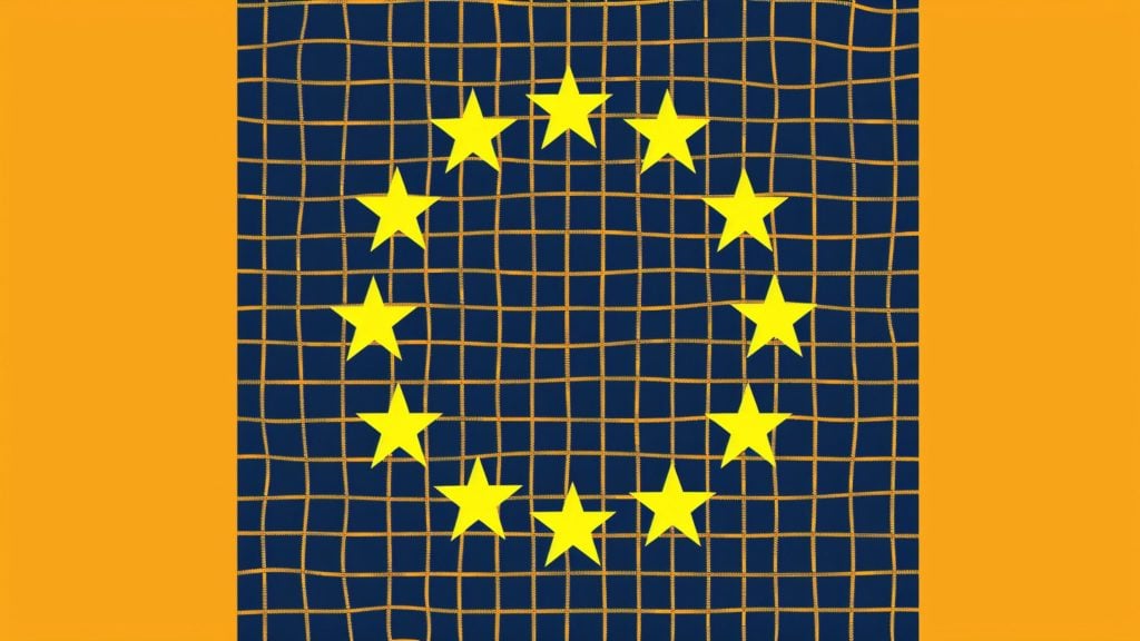 Distorted European Union flag with 12 yellow stars forming a circle on a blue field and an orange grid pattern overlay, set against an orange background.