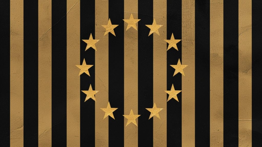 Black and gold striped flag with a circle of twelve gold stars in the center, resembling a distressed European Union motif