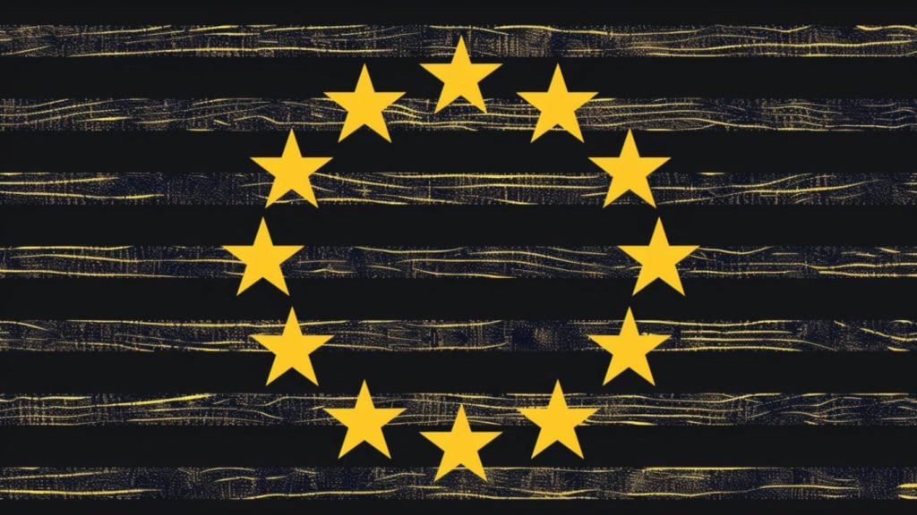 Black and dark blue striped flag with a circle of twelve yellow stars in the center, resembling the European Union flag with a textured, grunge appearance.