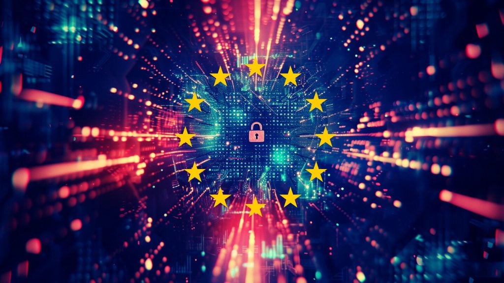 Digital representation of data protection featuring a central lock icon surrounded by a circle of yellow stars against a blue and red background of blurred data streams and circuit patterns.