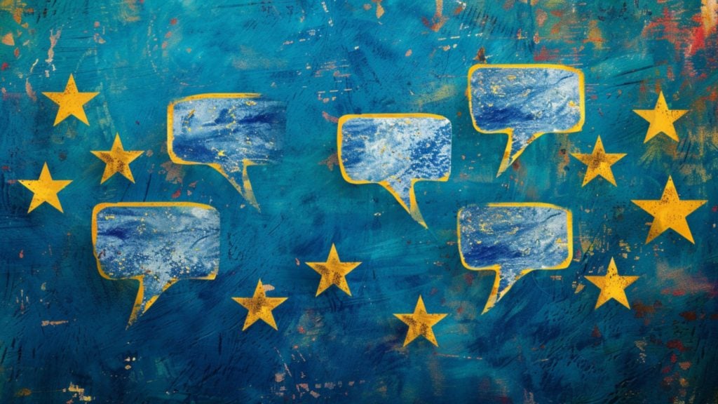 Blue background with yellow stars arranged in a circle and five blue speech bubbles with yellow outlines inside the circle, symbolizing communication within the European Union.