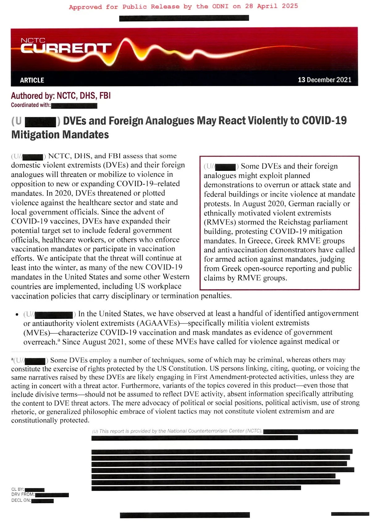 NCTC Current article dated 13 December 2021 titled 'DVEs and Foreign Analogues May React Violently to COVID-19 Mitigation Mandates' authored by NCTC, DHS, FBI discussing threats from domestic violent extremists and foreign analogues regarding COVID-19 mandates, including vaccine and mask mandates, with specific examples of violent extremist groups, including RMVEs in Germany and Greece, and AGAAVEs in the US, and cautioning about possible violence and demonstrations against mandates.