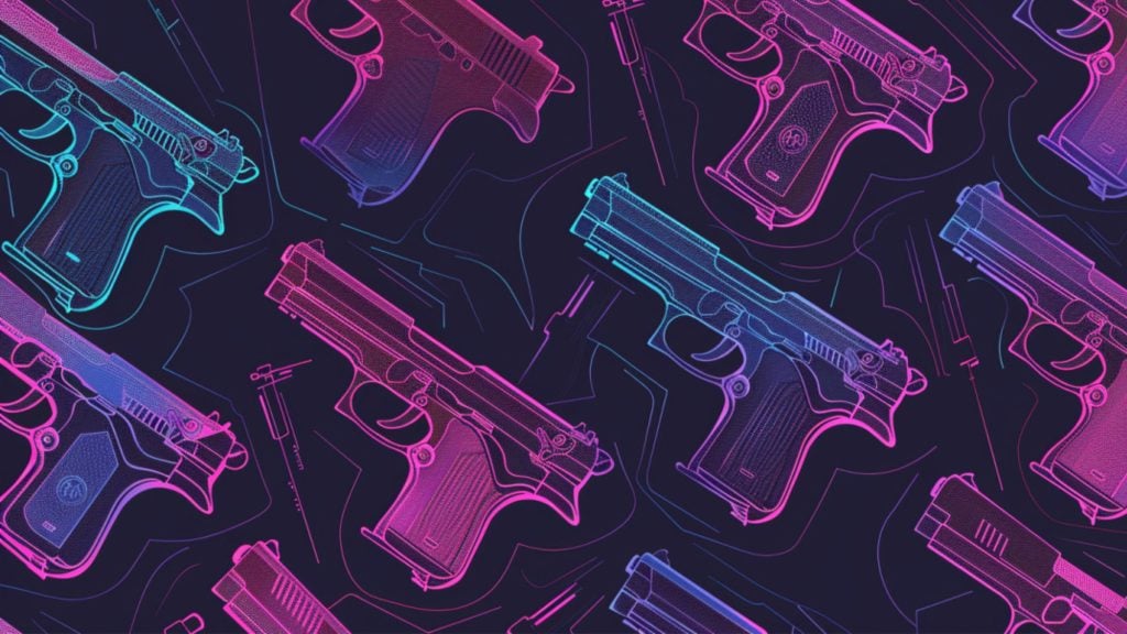 Seamless pattern of semi-automatic pistols outlined in neon pink, purple, and blue on a dark background with abstract lines.